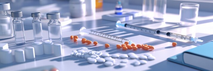 Poster - Medical supplies and equipment displayed on table in laboratory setting during daytime for research purposes. Generative AI