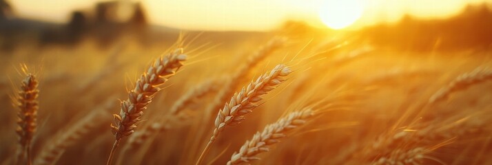Aufkleber - Golden wheat field illuminated by sunset in a rural landscape during harvest season. Generative AI