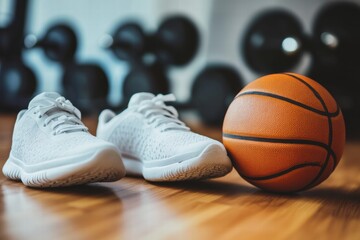 Poster - Basketball shoes and ball on wooden floor in fitness gym, ready for practice and training session during evening hours. Generative AI