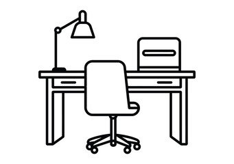 Poster - Office desk with a computer and chair icon, vector, outline, silhouette, illustration, isolated on white background