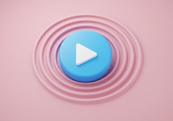 Fototapete - A 3D illustration of a blue circular play button with white triangular icon in the center, set against a pink background