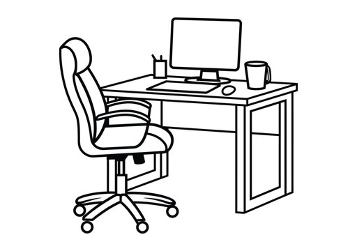 Office desk with a computer and chair icon, vector, outline, silhouette, illustration, isolated on white background