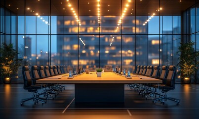 Wall Mural - Night city view, boardroom meeting table