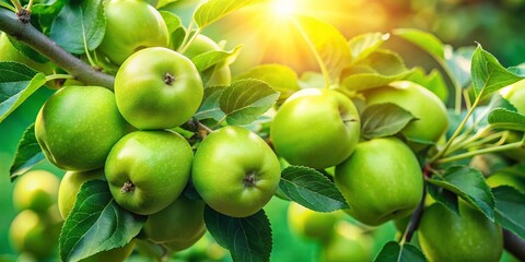 Wall Mural - Unripe Green Apples on Branch - Orchard Fruit Tree Photography