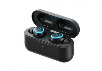 Fototapete - A 3D illustration of sleek black wireless earbuds with glowing blue accents, housed in an open charging case isolated on a white background