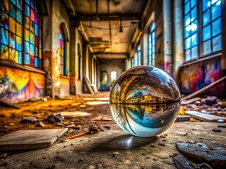 Wall Mural - Urban Exploration: Crystal Ball Reflecting Decaying Cityscape