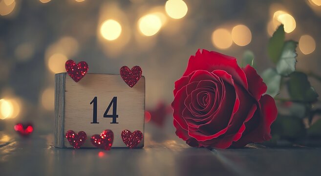 Cute red rose and a wooden calendar with the date of February 14th on a blurred background, with heart decorations. Valentine's Day concept.