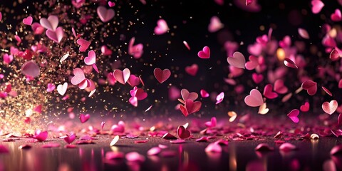 Wall Mural - Valentine's Day Background: Pink Hearts & Confetti Long Exposure