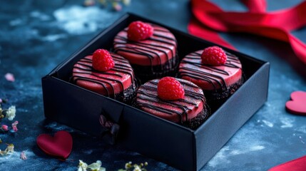 Valentine special mini raspberry cheesecakes with chocolate drizzle and edible glitter, arranged in a sleek black box tied with a velvet red ribbon, set on a floral linen wrap, against a textured