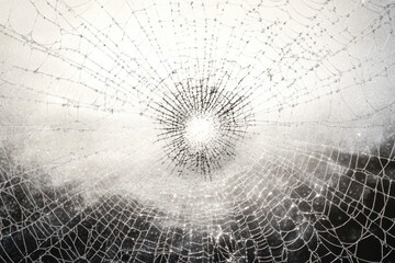 Intricate spiderweb glistening with morning dew, a delicate natural masterpiece.