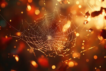 Dew-kissed spiderweb glistening in warm autumnal light, a magical scene.