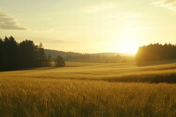 Leinwandbilder - Golden wheat fields under soft sunset light near a forested area in rural countryside. Generative AI