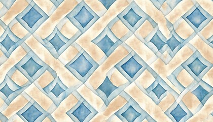 Poster - Watercolor Interlocking Geometric Pattern, Blue and Beige, Seamless Tile, Geometric Pattern, Tile, Watercolor ,in a hexagon in same shade


