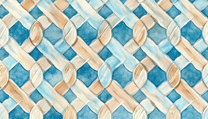 Poster - Watercolor Interlocking Geometric Pattern, Blue and Beige, Seamless Tile, Geometric Pattern, Tile, Watercolor ,in a hexagon in same shade


