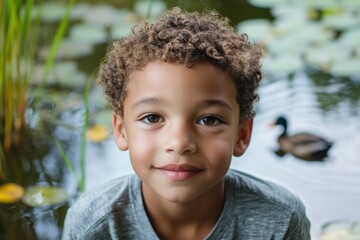 Poster - Boy with curly hair smiling by the water surrounded by lily pads and a duck in the background during sunny weather. Generative AI