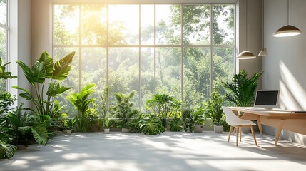 Wall Mural - Sunlit office, lush plants, desk, nature view; design inspiration