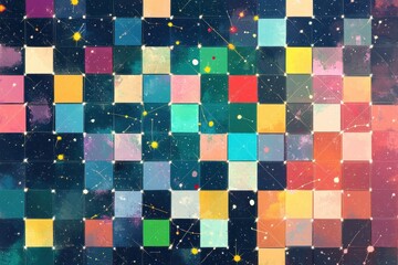 Poster - a grid of colorful squares with stars and constellations. a vibrant mosaic featuring an array of col