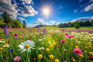 Canvas Print - Vibrant Spring Meadow: Blossoming Flowers and Green Grass under Sunny Sky