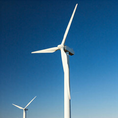 Wall Mural - wind turbine against blue sky. Low angle of wind turbine against bright blue sky. Renewable or green energy concept. landscape of windmill with sunlight and almost clear sky.