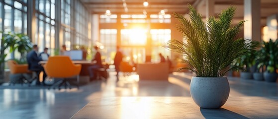 Wall Mural - Sunset office lobby, plant, workers. Modern workspace