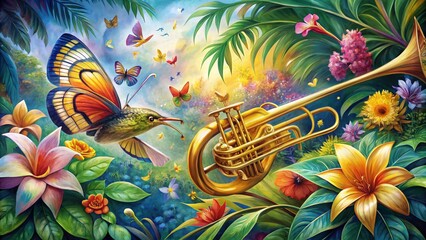 Wall Mural - Vibrant Watercolor Trumpet: Tropical Flowers, Butterflies & Music Notes