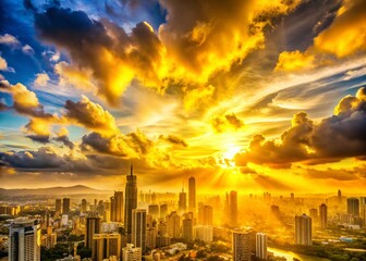 Wall Mural - Vibrant Yellow Sunset Cityscape with High-Altitude Clouds - Stock Photo