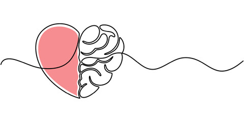 One line drawing of half of a human brain and a human heart. Vector illustration, One continuous line drawing of half of a human brain and love in the shape of a heart logo icon. Philosophical of love