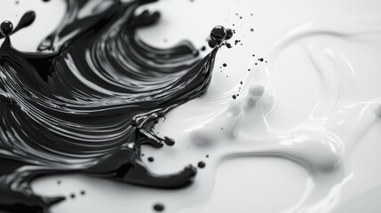 Poster - Dynamic black ink drops spreading in white liquid abstract art clean bright lighting intricate patterns