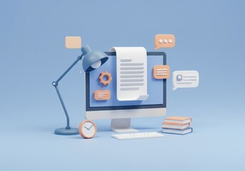 Poster - A 3D illustration of an online learning environment of a computer monitor displaying a digital document surrounded by a desk lamp, books and a chat bubble