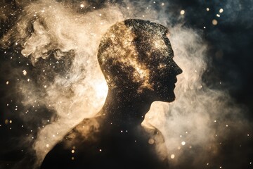 Poster - A Human Silhouette Made of Sparkles and Smoke. A man stands silhouetted against a bright, glowing light, creating a striking contrast in the image.