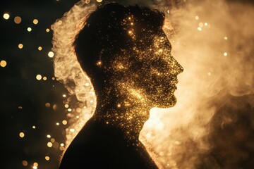 Poster - A Human Silhouette Made of Sparkles and Smoke. A man stands silhouetted against a bright, glowing light, creating a striking contrast in the image.