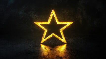 Aufkleber - Glowing neon star shape on dark textured background with reflection and copy space for text