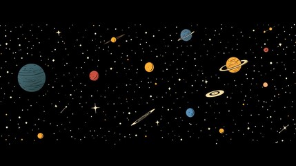 Aufkleber - Colorful celestial illustration featuring various planets and stars in a dark cosmic background with ample Copy Space.