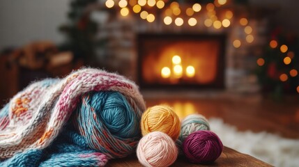 Aufkleber - Cozy winter afternoon by the fireplace with yarn and a handmade blanket. Generative AI