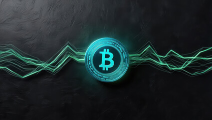 Poster - glowing cryptocurrency token with fluctuating asset trends in background evokes sense of innovation and finance