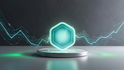 Poster - futuristic glowing token on pedestal with fluctuating asset trends
