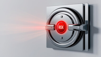 Poster - virtual vault glowing with red risk alert icon against clean background