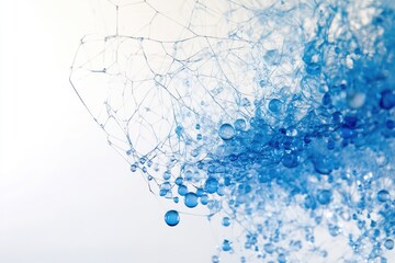 Fototapete - Intricate network of blue droplets clinging to a delicate, web-like structure against a white backdrop.