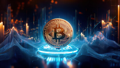 Poster - futuristic glowing Bitcoin token surrounded by fluctuating asset trends