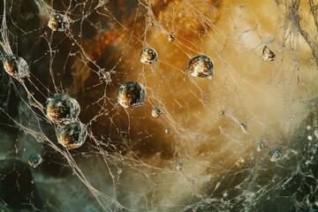Intricate spiderweb adorned with glistening dewdrops, creating a surreal, autumnal scene.