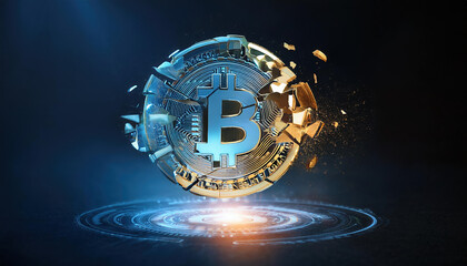 Poster - glowing fragmented token symbol representing virtual asset risks and cryptocurrency