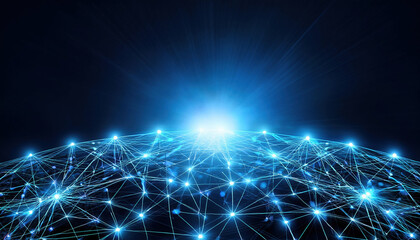 Poster - glowing neural network with interconnected nodes in dark background