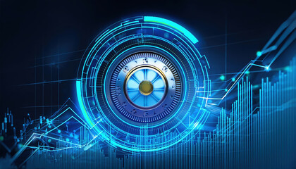 Poster - glowing secure vault icon with fluctuating asset graphs represents financial security and technology