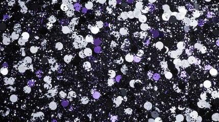 Aufkleber - Black background with scattered purple, silver, and white glittery sequins. Copy Space.
