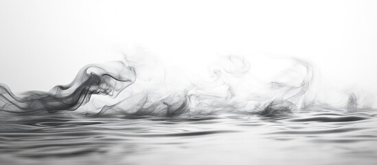 Poster - Abstract black smoke patterns above calm water surface in minimalist composition with white background and ample Copy Space.