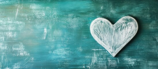 Aufkleber - Chalk drawn heart on chalkboard with textured turquoise background and copy space for text