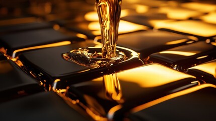 Aufkleber - Glimmering liquid gold flowing over shiny tiles in an artistic display showcasing texture and illumination. Generative AI