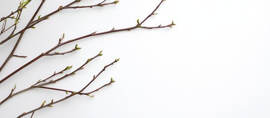 Aufkleber - Minimalist composition of bare branches with new buds against a white background featuring ample copy space.