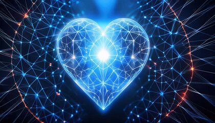 Poster - glowing heart symbolizing ai in web of neural connections, showcasing futuristic design and technolo