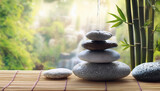 calm zen garden with smooth pebbles and bamboo fountain creates serene atmosphere for mindfulness and personal growth